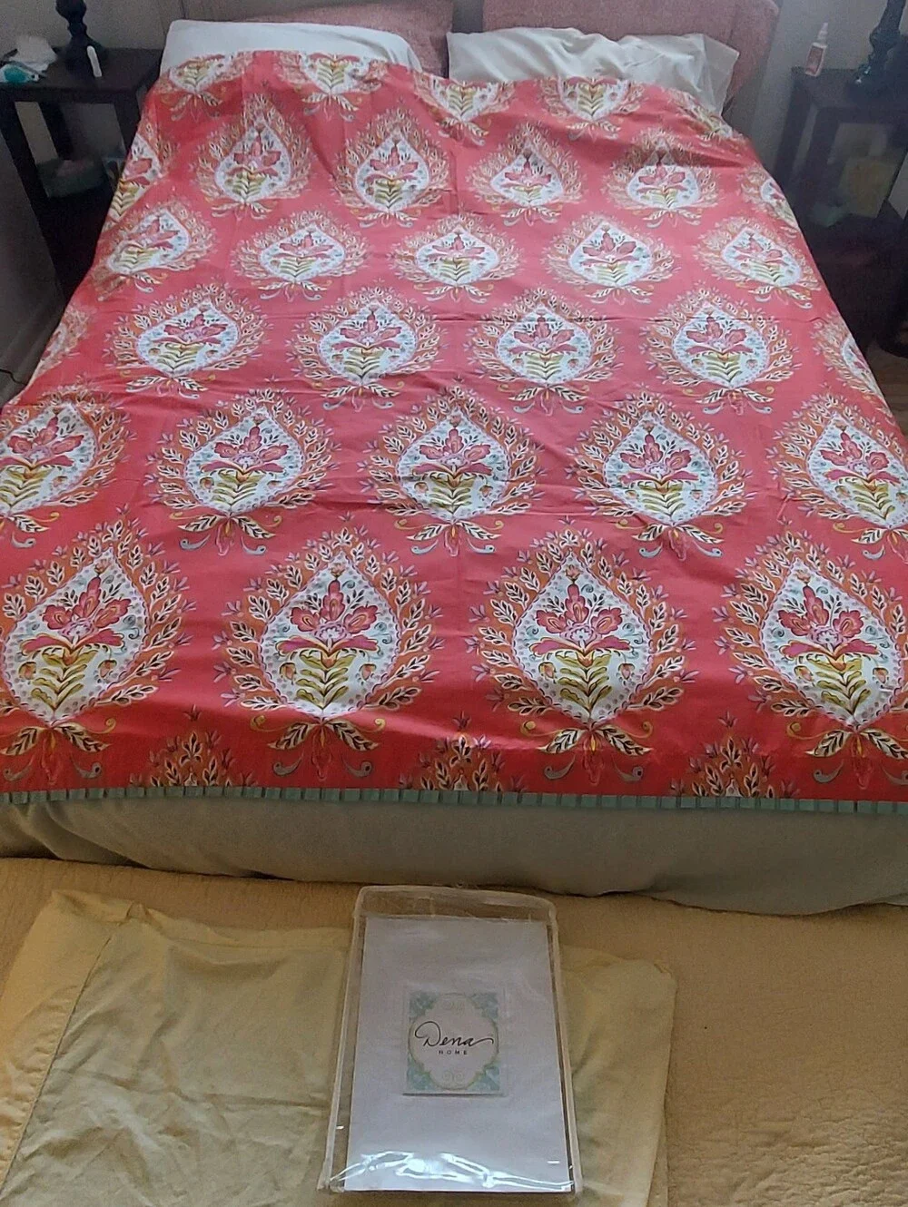 Dena Home Red-Orange Fabric Shower Curtain With Turquoise Trim